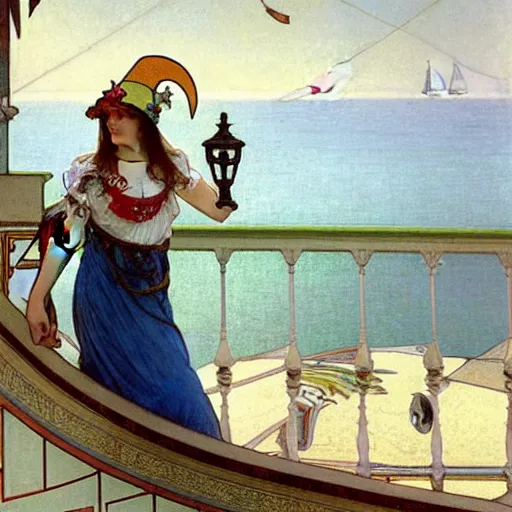 Image similar to A girl with jester hat and clothes on a greek archi circle on the front of a Balustrade with a beach and a sail boat on the background, major arcana cards, by alphonse mucha and arnold böcklin arnold böcklin arnold böcklin hyperrealistic 8k, very detailed