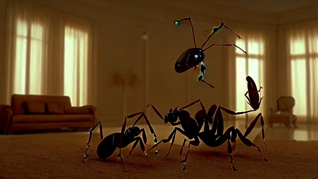 Image similar to the giant ant in the living room, film still from the movie directed by Denis Villeneuve with art direction by Salvador Dalí, wide lens