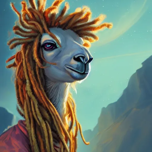 Prompt: llama with dreadlocks, industrial sci-fi, with beautiful colors, by Mandy Jurgens, Ernst Haeckel, James Jean, artstation, concept art