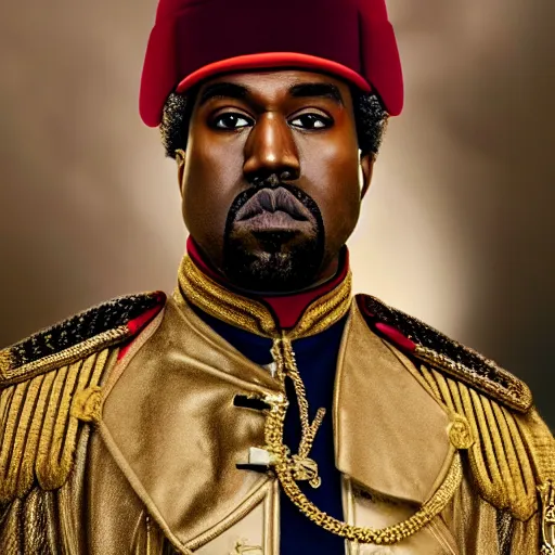 Image similar to kanye west as muammar kadhafi and emperor napoleon, splash art, movie still, detailed face, cinematic lighting, dramatic, octane render, long lens, shallow depth of field, bokeh, anamorphic lens flare, 8 k, hyper detailed, 3 5 mm film grain