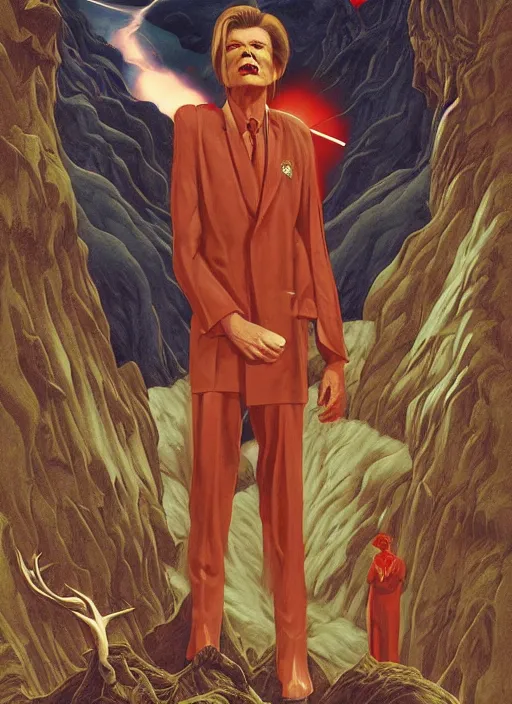 Prompt: twin peaks poster art, david bowie is infected with the spirit of the wendigo demon, old retro pulp, by michael whelan, rossetti bouguereau, artgerm, retro, nostalgic, old fashioned