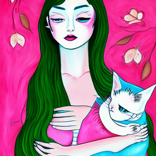 Prompt: a painting of a woman holding a cat, a character portrait by harumi hironaka, trending on deviantart digital illustration