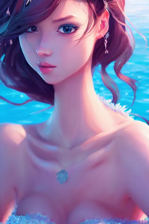 Image similar to a beautiful fashion goddness of love, chic strapless dress, tropical sea background, character design, in the style of artgerm, and wlop, cinematic lighting, hyperdetailed, 8 k realistic, symmetrical, global illumination, radiant light, frostbite 3 engine, cryengine, dof, trending on artstation, digital art