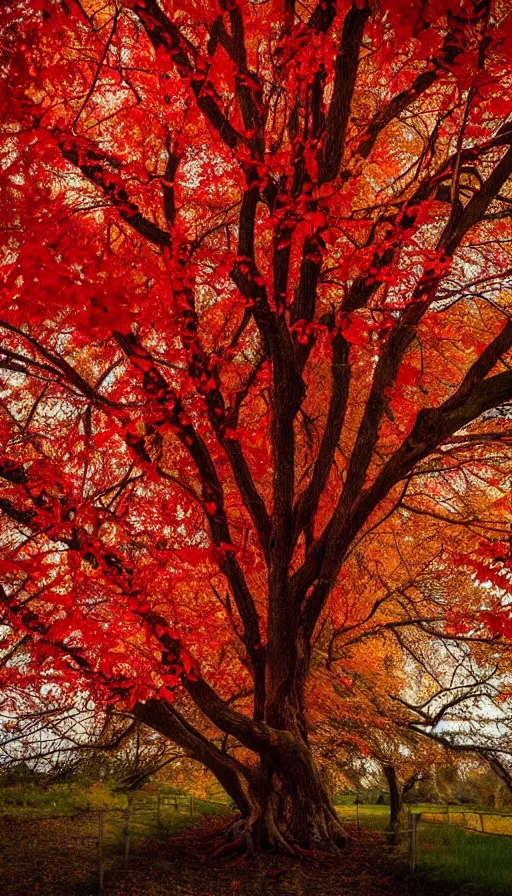 Image similar to beautiful autumn tree with red leaves, melancholy autumn light, blood pumping through veins, blood red leaves, blood vessels stretching out intricately, biological beauty, sinister, atmospheric HD photograph, depth of field