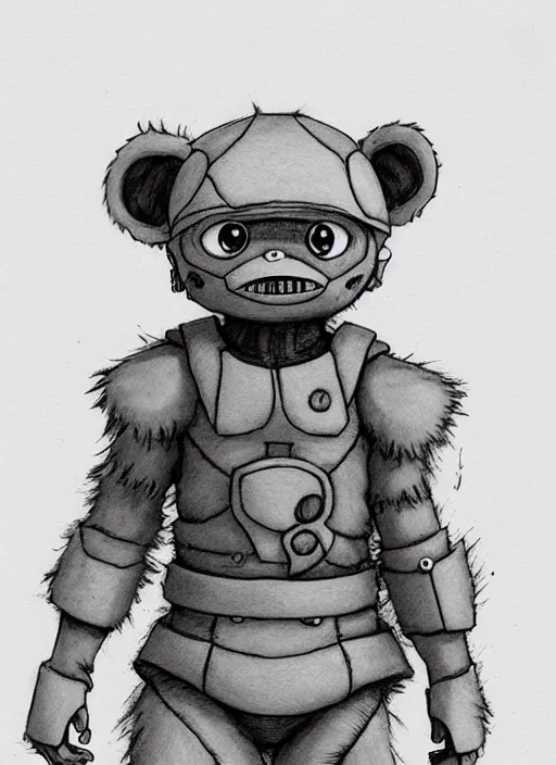 Image similar to beautiful little boy wearing an cyborg bear suit, artwork in kentaro miura and made in abyss and rosdraws, smooth, beautiful lightness, anatomically correct, trending on pixiv, forest