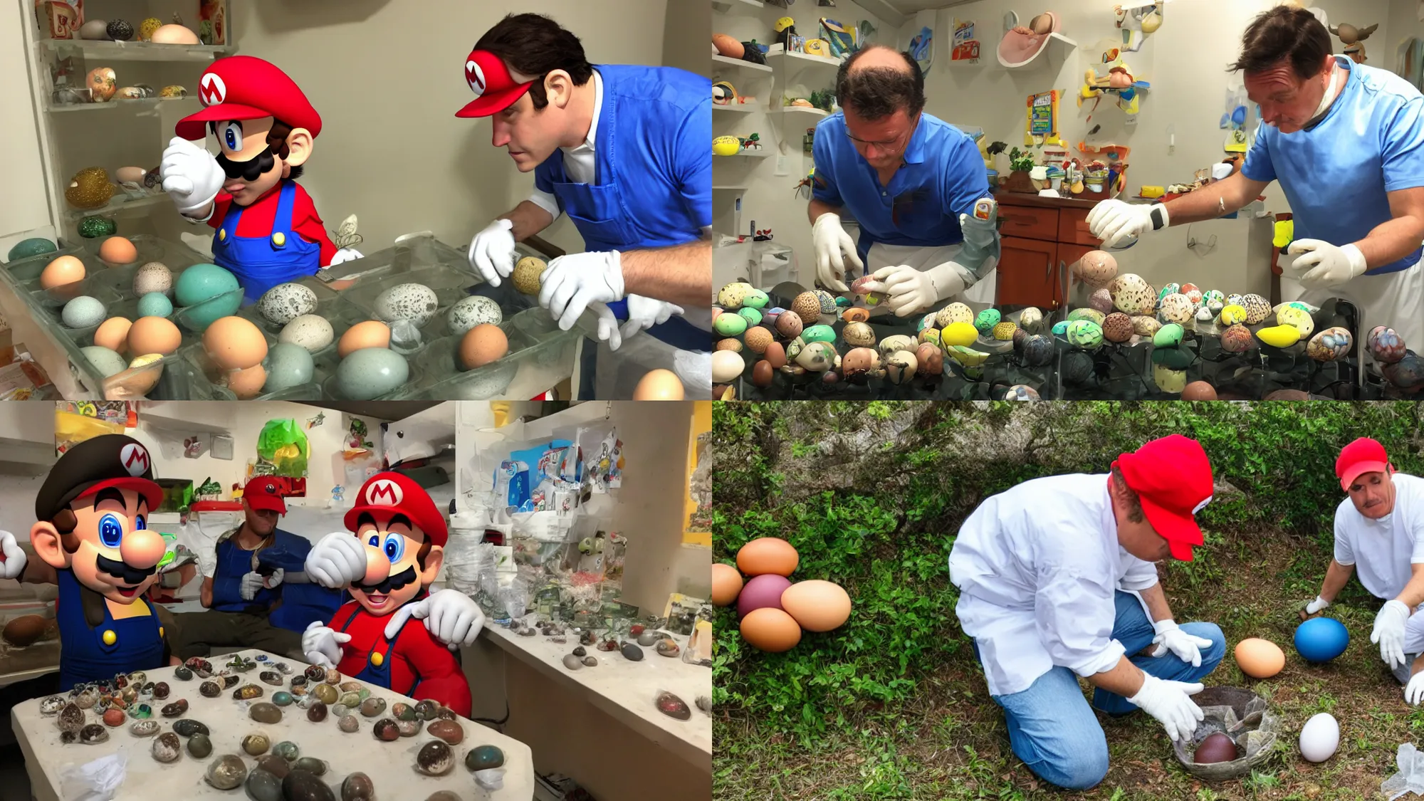 Prompt: Mario examining eggs