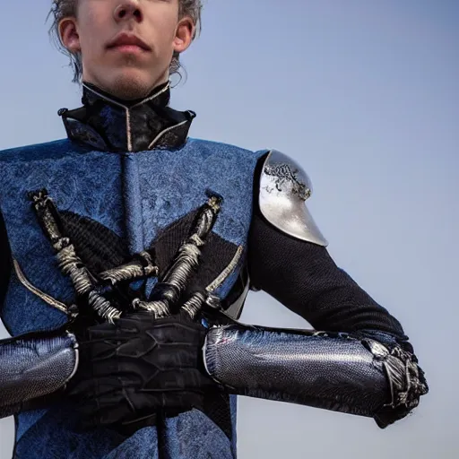 Prompt: low angle upper view of Austin Butler dressed in futuristic-baroque prussian blue duelist-garb and nanocarbon-vest and greaves, standing in an arena in Dune 2020, XF IQ4, f/1.4, ISO 200, 1/160s, 8K, RAW, unedited, symmetrical balance, face in-frame