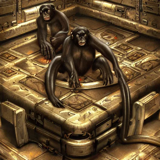 Image similar to Steam computer in ancient time surrounded by apes, highly detailed, highly realistic, artstation, by Hans Giger