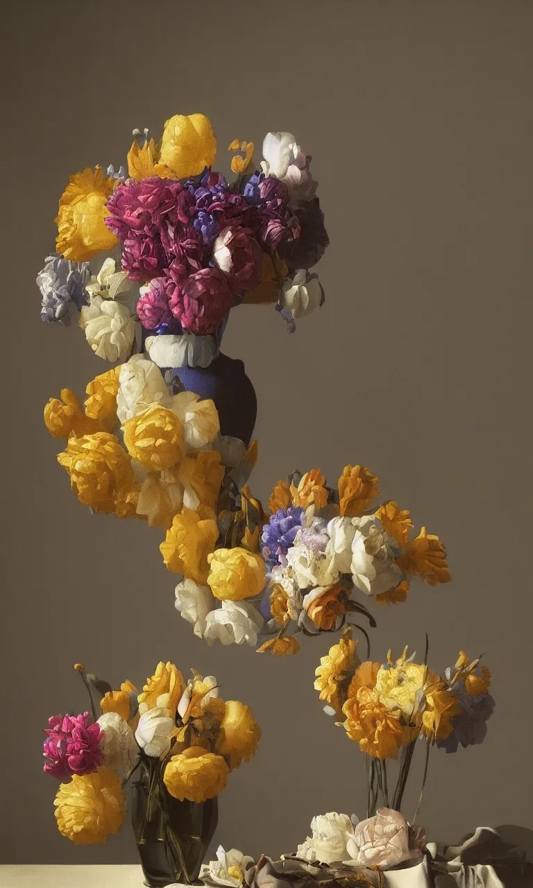 Prompt: still life of a big vase of flowers painted by Johannes Vermeer, vivid colors, high details, cinematic, 8k resolution, beautiful detailed, photorealistic, digital painting, artstation, concept art, smooth, sharp focus, illustration, fantasy background, artstation trending, octane render, unreal engine