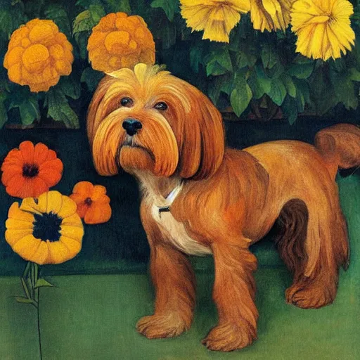 Image similar to portrait of a havanese dog with marigolds by diego rivera 1 9 3 5