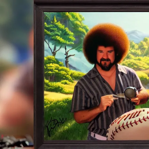 Image similar to a closeup photorealistic photograph of bob ross working on an image of kenny powers autographing a baseball, painting on a canvas. mountains and trees. film still. brightly lit scene. this 4 k hd image is trending on artstation, featured on behance, well - rendered, extra crisp, features intricate detail, epic composition and the style of unreal engine.