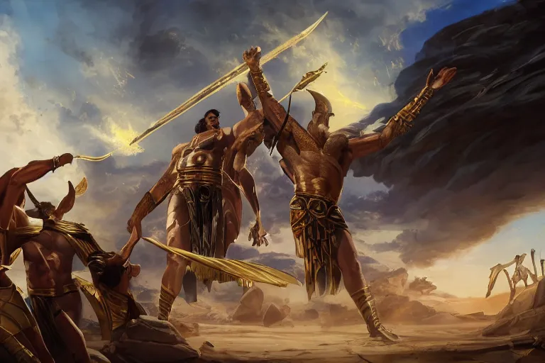 Prompt: the gods of egypt fighting the olympians and the titans, greek myth, egyptian myth, mesmerizing, fantastical, concept art, highly detailed, artstation, trending, feng zhu, shaddy safadi, noah bradley, tyler edlin, jordan grimmer, darek zabrocki, neil blevins, tuomas korpi, wlop