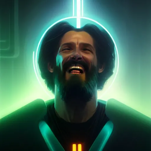 Image similar to tron legacy jesus laughing at church, diffuse lighting, hyper realistic, concept art, intricate, hyper detailed, smooth, sharp focus, illustration, trending on artstation, art by greg rutkowski and james gurney and alphonse mucha