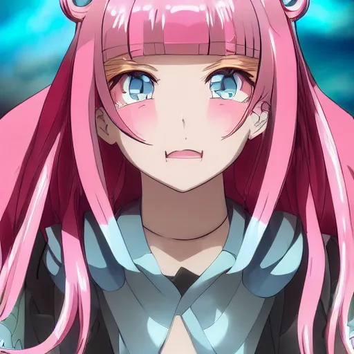 Image similar to viewed from the ground in a low angle, stunningly beautiful omnipotent megalomaniacal anime goddess with porcelain skin, pink twintail hair and mesmerizing cyan eyes, symmetrical perfect face smiling in a mischievous, devious and haughty way while looking down upon the viewer, mid view, hyperdetailed, 2 d, 8 k