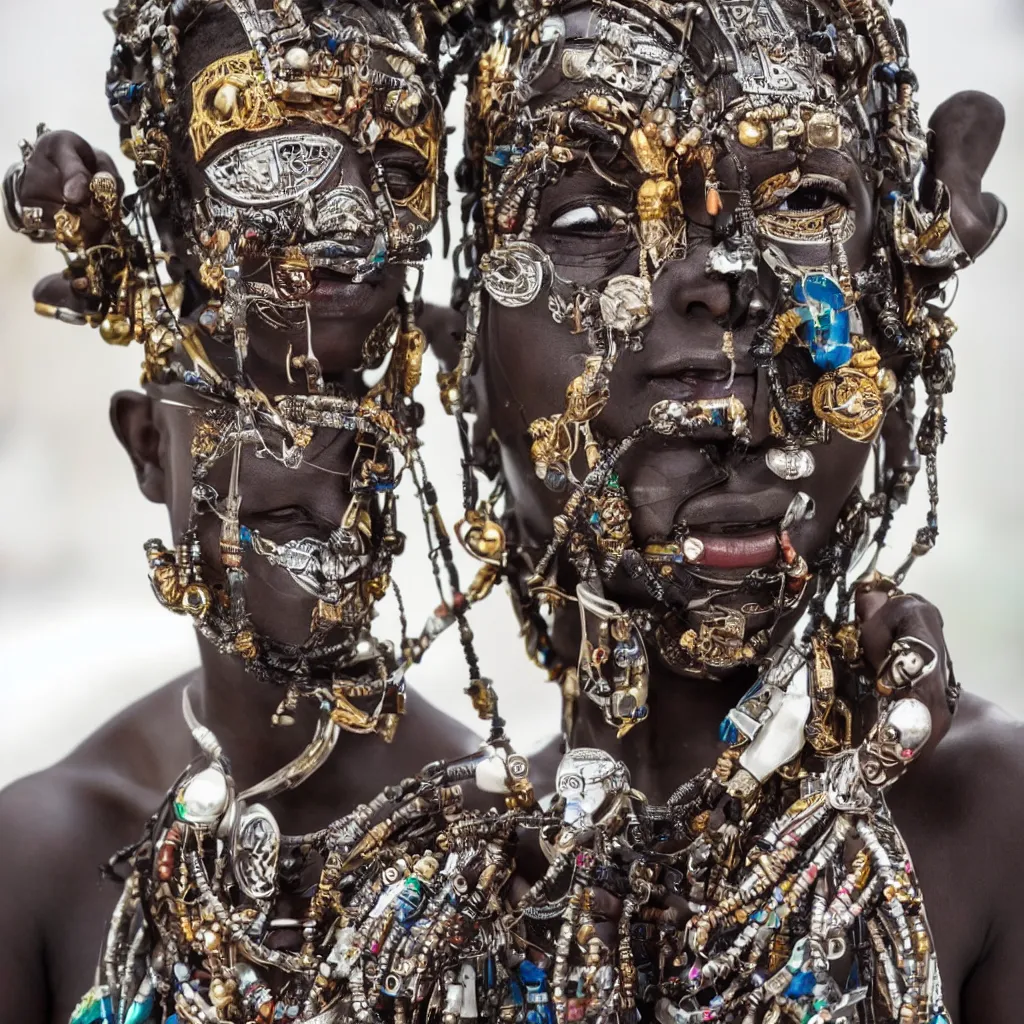 Prompt: a beautiful cyborg made of ceremonial african maske