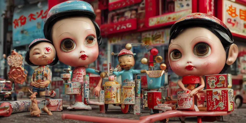 Image similar to closeup portrait of tin toy retro tokyo corner store diorama, depth of field, f 3 2, zeiss lens, detailed, centered, fashion photoshoot, by nicoletta ceccoli, mark ryden, lostfish, breathtaking, 8 k resolution, extremely detailed, beautiful, establishing shot, artistic, hyperrealistic, octane render, - h 8 0 4