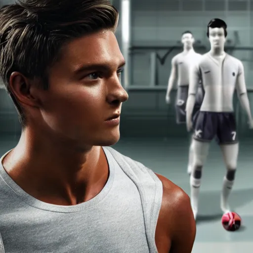 Image similar to a realistic detailed photo of a guy who is an attractive humanoid who is half robot and half humanoid, who is a male android, attractive and handsome soccer players, shiny skin, posing like a statue, blank stare, in a factory, on display, showing off his muscles, wearing soccer shorts, side view, looking at each other mindlessly