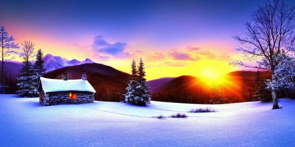 Prompt: a beautiful fantasy landscape, snowy mountain in background, little cottage, small pond, some trees in the corner, sunrise.