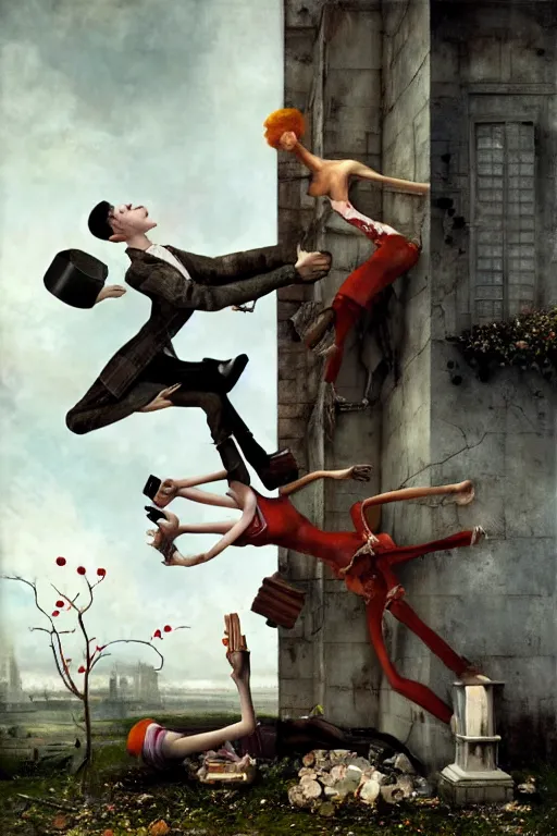 Prompt: man breaking into pieces while a woman tries to hold the fallen parts, surreal, ray caesar and john constable