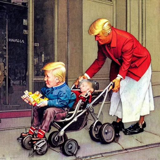 Image similar to norman rockwell style painting of donald trump taking candy from a baby in a stroller on the sidewalk of 5 th avenue in nyc