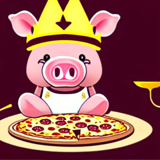 Prompt: realistic photo of a cute plush pig wearing a gold crown eating a pizza at a table with a bib on, high quality, cinematic concept art