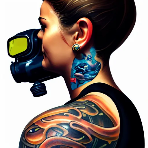 Image similar to a profile photo of a agent with diving helmet with tattoos on arm and neck, side profile in underwater, highly detailed, digital painting, artstation, sharp focus, illustration by Sandra Chevrier