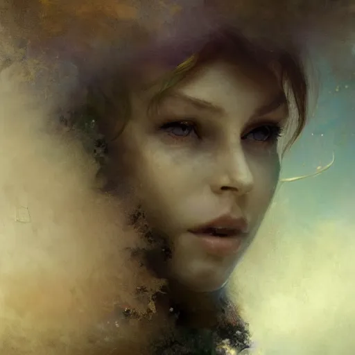 Image similar to dreams of the fae; three-quarters portrait; heterochromia; oil paints; 8k, surrealism, abstract imagery by Ivan Aivazovsky; by Aleksi Briclot; by Marc Simonetti