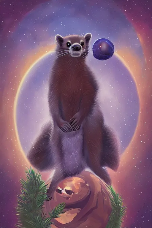 Prompt: giant pine marten in space holding a planet, digital art, trending on artstation, highly detailed, by Dan Mumford