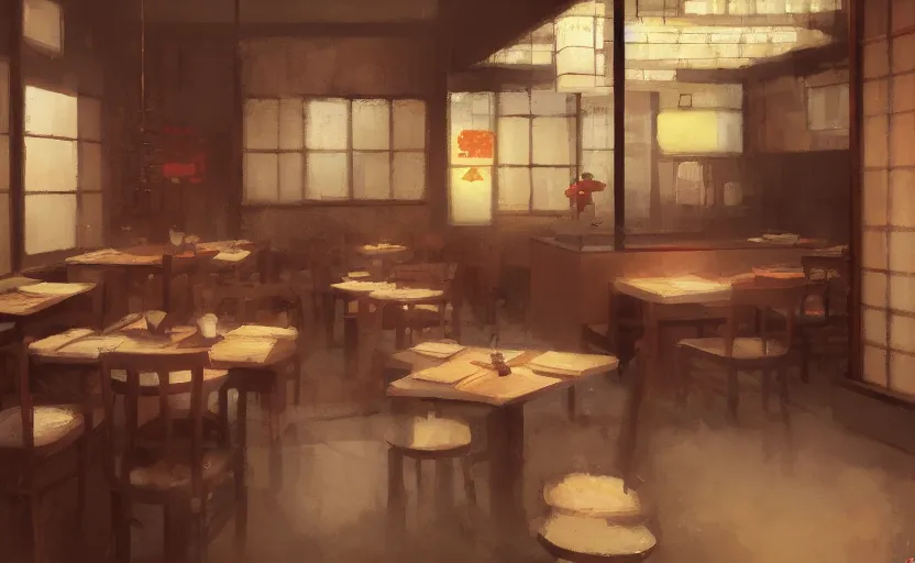 Prompt: a small Japanese restaurant interior, painting by Craig Mullins, octane rendering, soft lighting, wide angle lens, low view, in the style of Pixar animation, trending on artstation,