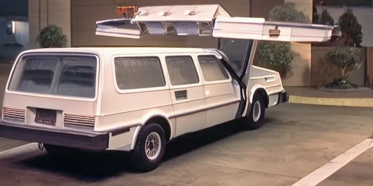 Prompt: Photorealistic cinematography of the rear of a the “Back To The Future Time Machine” from the film “Back To The Future” reversing down a ramp out of Doc Browns “1984 white GMC Value Van” at night + filmed on location at ultra photorealistic “Back To The Future” “Twin Pines Mall” parking lot Set located at Puente Hills Mall, 1600 South Azusa Avenue, City of Industry, California At night By “Back To The Future” Cinematographer Dean Cundey at night 5