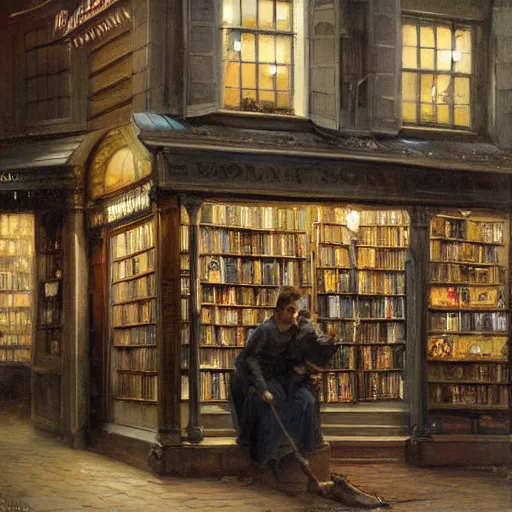 Image similar to jean-Baptiste Monge and Solomon Joseph Solomon and Richard Schmid and Jeremy Lipking victorian genre painting painting of an english 19th century english bookshop store front on a stone city streat with shops and stores at night with cozy lights