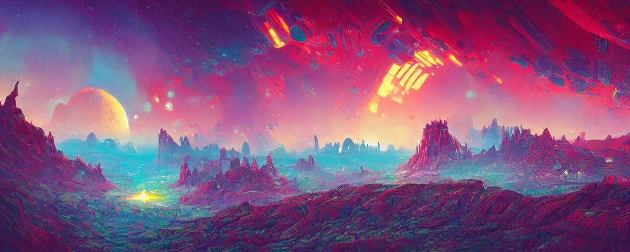 Prompt: ” mysterious and whimsical alien landscape, [ colorful, inviting, cinematic, detailed, epic, widescreen, opening, establishing, mattepainting, art by slop and paul lehr ] ”