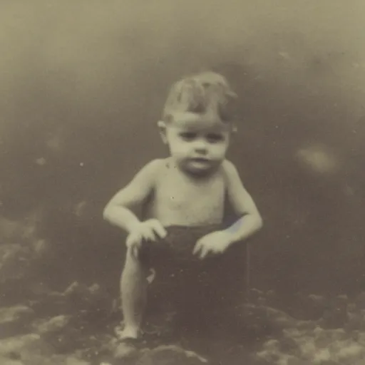 Prompt: tintype photo, swimming deep underwater, kid with huge spider