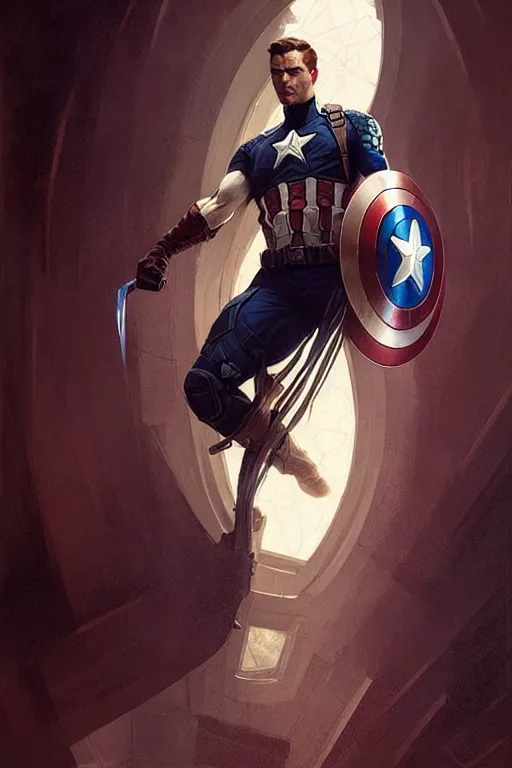 Image similar to captain America as aeon flux profile picture by Greg Rutkowski, matte painting, intricate, fantasy concept art, elegant, by Stanley Artgerm Lau, golden ratio, thomas kindkade, alphonse mucha, loish, norman Rockwell,