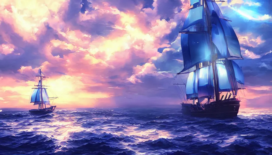 Prompt: one piece ship sailing, dark blue stormy ksy, sun sunset, with blue light piercing through clouds, makoto shinkai, royal blue colors, lighting refraction, volumetric lighting, pixiv art, highly detailed, anime art, symmetrical, wlop, anime art