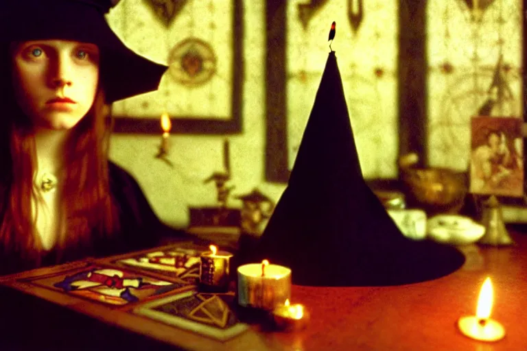 Image similar to 2 0 0 0's photo, close up portrait, dramatic lighting, concentration, calm confident teen witch and her cat, candles and tarot cards displayed on the table in front of her, incense smoke fills the air, a witch hat and cape, apothecary shelves in the background, still from harry potter, alphonse mucha