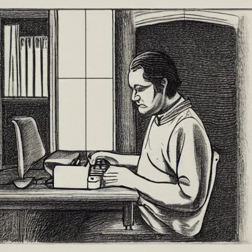 Image similar to a man sitting at a desk typing on the typewriter, old english sketch drawing