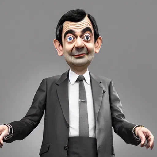 Image similar to Mr Bean in a 3D Animated Mr Bean film animated by Illumination, portrait, photograph, realistic, hyperrealistic, highly detailed, very detailed, extremely detailed, detailed, digital art, trending on artstation