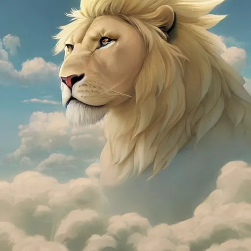 Image similar to aesthetic portrait commission of a albino muscular and attractive anthro lion wearing an attractive pastel greek outfit floating inside a floating soap bubble in a simple blue cloudy sky with clouds orbiting the bubble like a planet, minimalistic art, hyperdetailed. Character design by charlie bowater, ross tran, artgerm, and makoto shinkai, detailed, inked, western comic book art, 2021 award winning painting