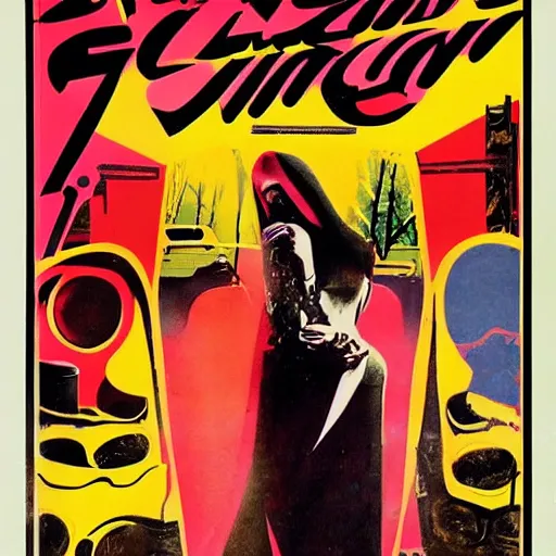 Image similar to giallo movie poster featuring beautiful woman, masked man, knife, italian horror, sharp focus, smooth, psychedelic