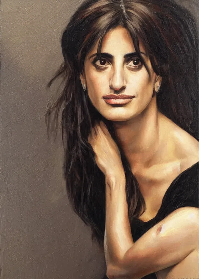 Image similar to oil painting, portrait of penelope cruz, artwork by caravaggio