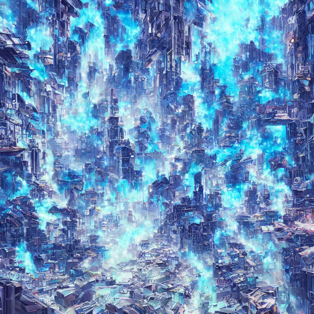Prompt: Concept art of an urban city getting magically shredded into blue particles, trending on artstation, oil on canvas, vivid color, ultra detailed.