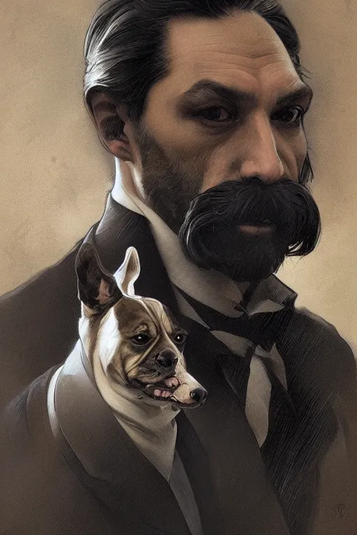 Image similar to portrait illustration of a dog as a italian mafia leader, intricate, elegant, highly detailed, digital painting, artstation, concept art, smooth, sharp focus, illustration, art by artgerm and greg rutkowski and alphonse mucha and william - adolphe bouguereau