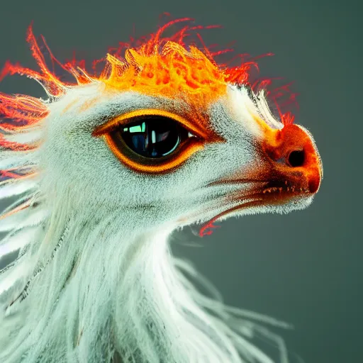 Image similar to fiery whimsical emotional eyes of a microscopic griffin, in a photorealistic macro photograph with shallow DOF