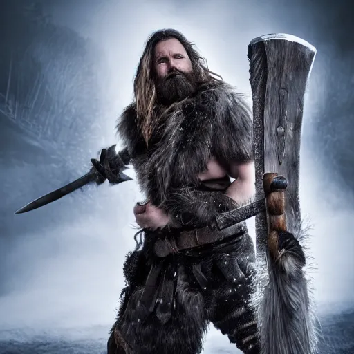 Prompt: a dnd barbarian half frost giant with pale skin and short black beard and hair wearing a fur coat, shoulder armor and holding an axe, high resolution film still, 4k, HDR color