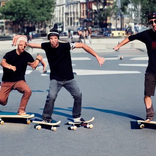 Prompt: four men skateboarding