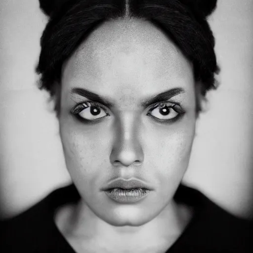 Image similar to symmetrical, close up face portrait of Burnadette Peters at age 27, scowling, studio lighting, depth of field, photography, black and white, highly detailed