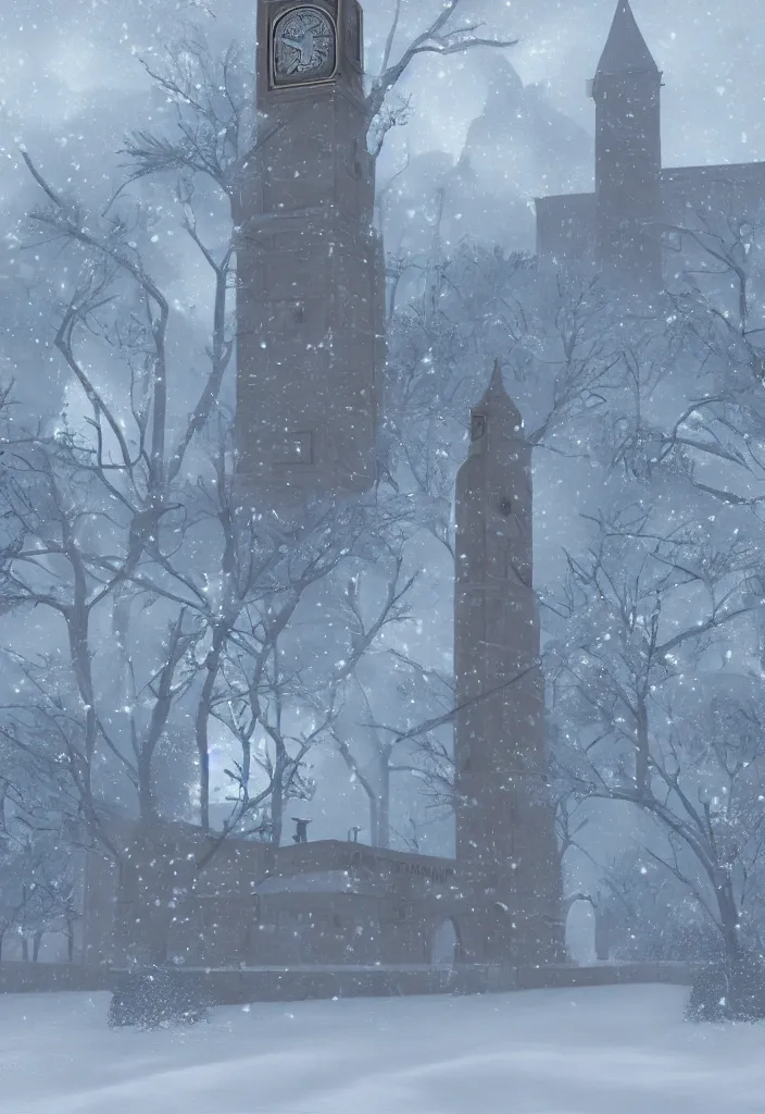 Prompt: arusha's clock tower covered in snow fantasy, trending on artstation, digital art.