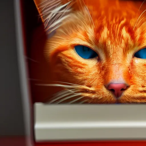 Image similar to an orange cat staring in a table drawer ~ on fire ~ fire ~ high - resolution photo ~