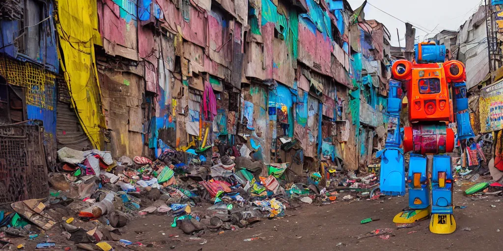 Prompt: colourful giant mecha ROBOT of AJEGUNLE SLUMS in Lagos, markings on robot, neon lit slum, night time,